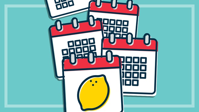 illustration of calendar sheets with a shonky lemon on the front
